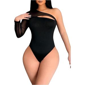 Milumia Women's One Shoulder Long Sleeve Bodysuit Sexy Sheer Mesh Cut Out Rave Party Tops Black Small