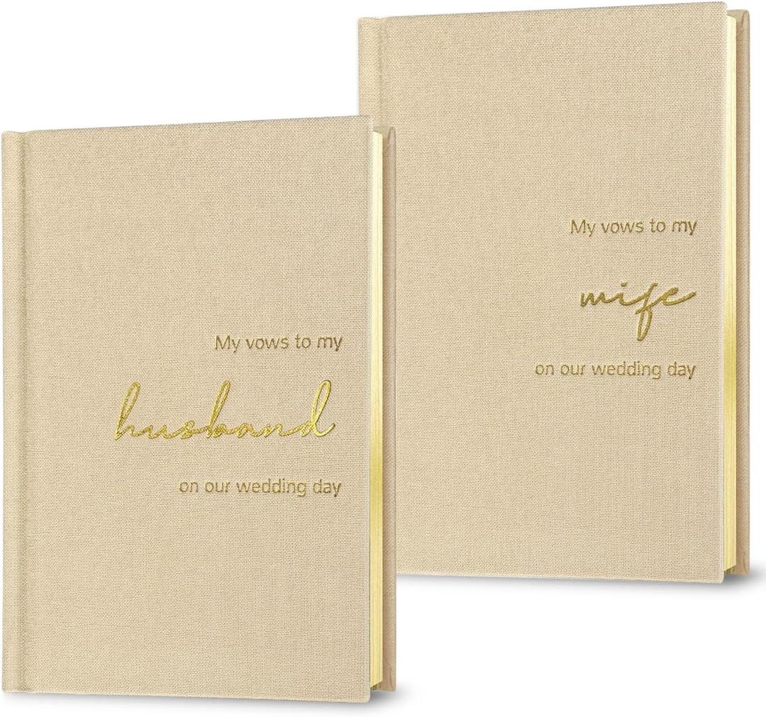 Wedding Vow Books His and Hers-Canvas Linen Foil Embossed, Set of 2 Vow Books Husband and Wife-Wedding EssentialsBeige + Beige (XZ-HW-Beige)