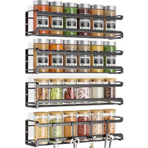 Spice Rack Wall Mounted 4 Pack,Space-Saving Spice Organizer for Spice Jars and Seasonings,Screw or Adhesive Hanging Spice Rack Organizer for Your Kitchen Cabinet,Pantry Door,11.41x2.75x2.75in (Black)