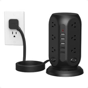 TESSAN Tower Power Strip with Individual Switches, Surge Protector with 12 Outlets, 5 USB Ports(2 USB C), Flat Extension Cord 10 Ft, 1250W, Charging Station for Multiple Devices, Office, Dorm, Black