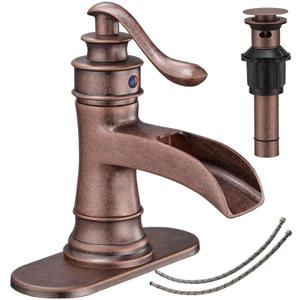 Bathroom Sink Faucet Waterfall Bath Faucets & Parts with Pop Up Drain Stopper Copper Farmhouse Antique Vanity Single Handle Single Hole Commercial Rustic Supply Lines Hose by Bathfinesse
