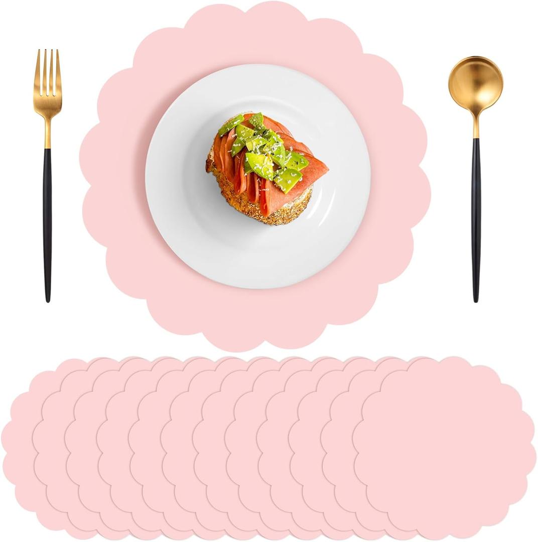 60 Pcs Light Pink Paper Placemats, 13.5 Inch Mother's Day Placemat Scalloped Place Mat Disposable Round Table Place Mats for Mothers Day Birthday Wedding Bridal Shower Baby Shower Banquet Tea Party