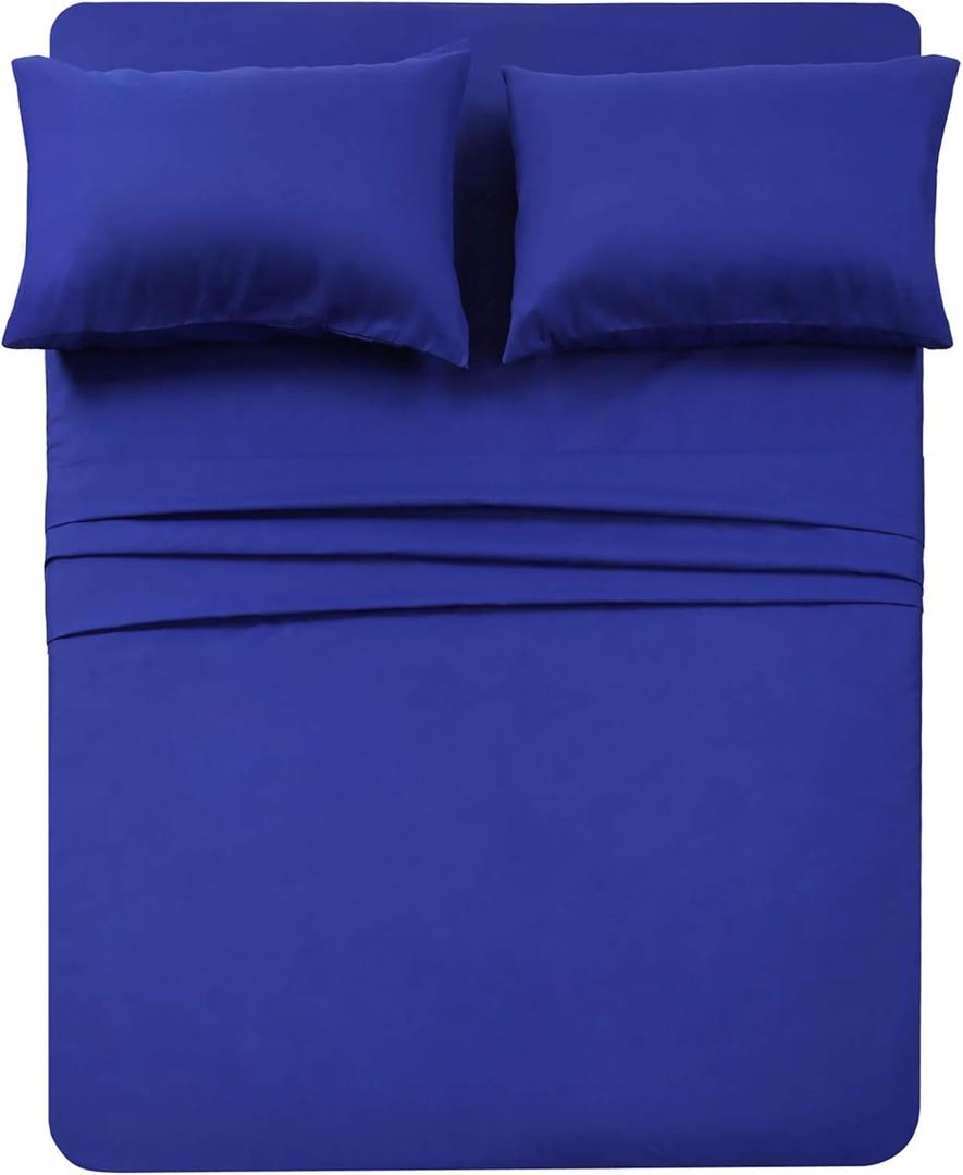 4 Piece Bed Sheet Set (Queen,Royal Blue) 1 Flat Sheet,1 Fitted Sheet and 2 Pillow Cases,Brushed Microfiber Luxury Bedding with Deep Pockets