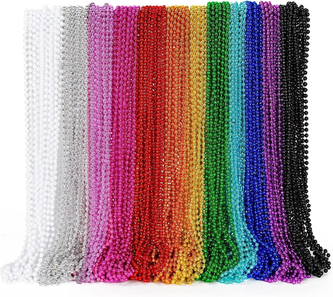 EOBOH 144PCS Mardi Gras Beads, Metallic 12 Kinds Bead Necklace Party Supplies, 33" Mardi Gras Necklace Costume Stuff, Festival Parade Throw Accessories for Wedding Birthday Celebrations Decorations