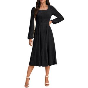 LYANER Women's Fall Square Neck Long Sleeve Tiered A Line Ribbed Knit Elegant Sweater Dress (Black, Large)