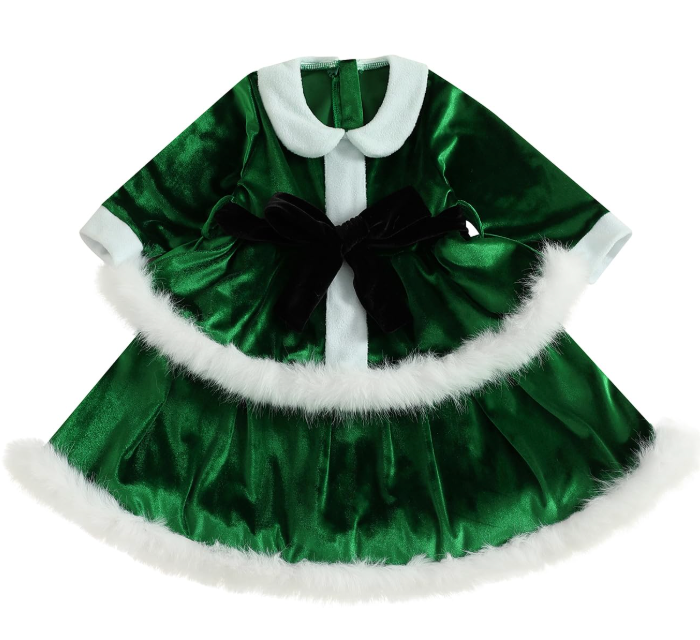 Kid Little Girls Christmas Outfit Santa Claus Velvet Lapel Long Sleeve Dress Princess Party Layered Dresses with Belt (Green, 3-4 Years)
