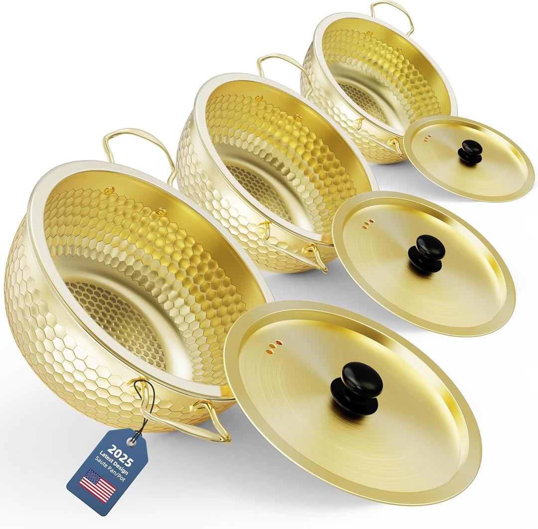 Deep Saut Pan with Lid, Stainless Steel Saute Pan Set, Durable 8"+9"+10" PFOA Free Cookware, Dish washer & Oven Safe, Compatible with All Cooktops (Gold R1)