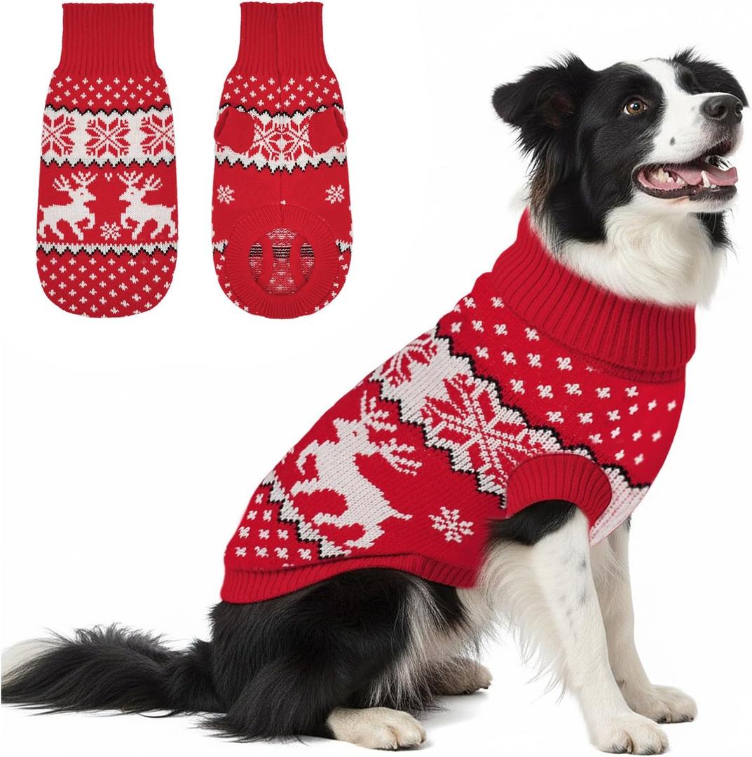 Christmas Dog Sweater for Small Medium Large Dogs Boy Girl, Warm Fleece Cable Turtleneck Pullover for Chihuahua, Pug, Labrador, Golden Retriever, Cold Weather Soft Winter Clothes (Deer Red) L