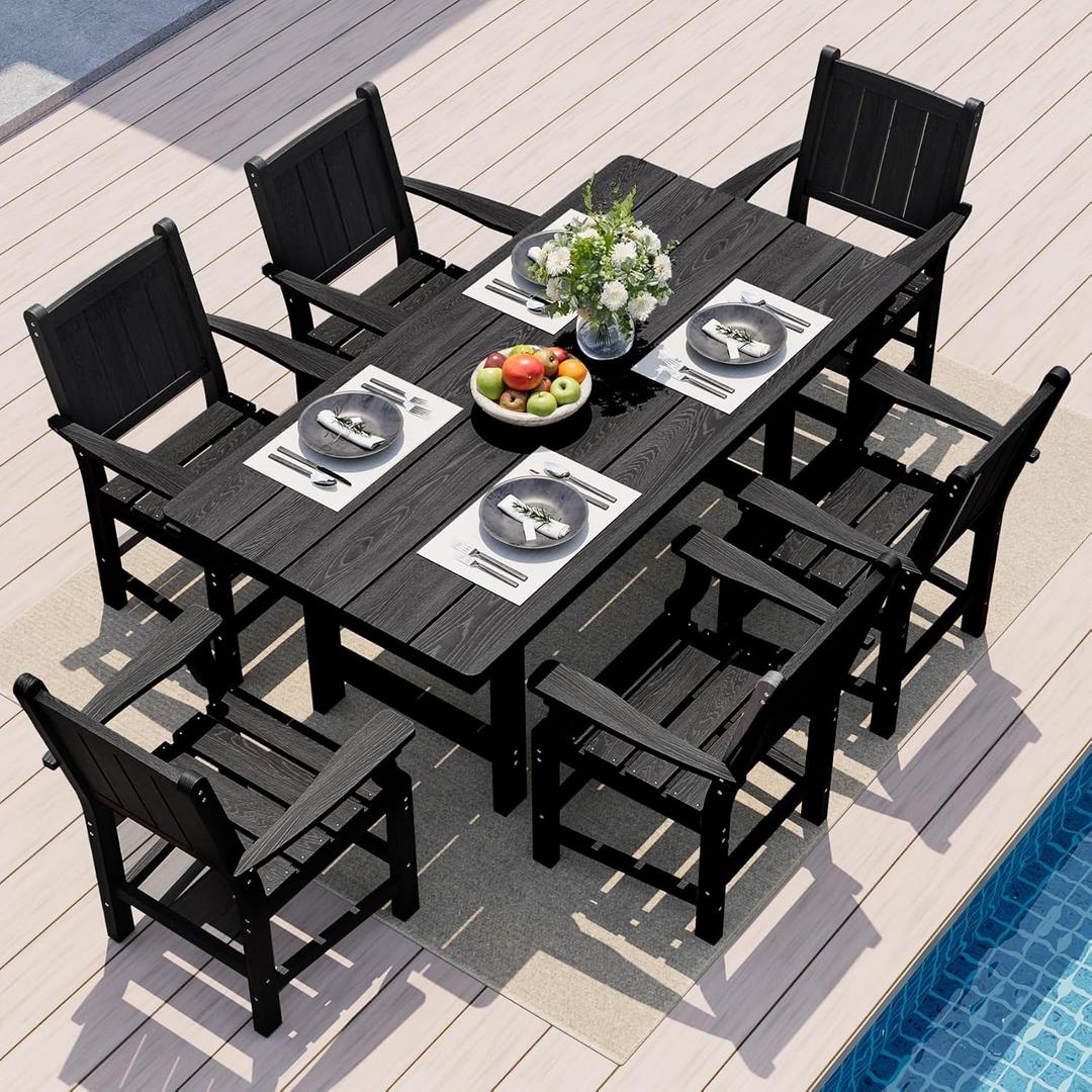 Pamapic 7 PCS Outdoor Dining Set, Spacious HDPE Outdoor Table and Chairs, Wood Grain Patio Furniture Sets with Elegant Armrest, All-Weather Patio Dining Table with Umbrella Hole, Black (7-Piece Rectangular (Seats 6))