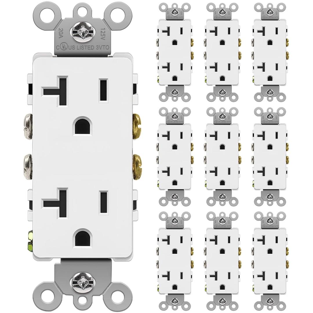 BESTTEN 10 Pack 20 Amp Decorator Wall Receptacle Outlet, Non-Tamper-Resistant, 20A/125V/2500W, Residential and Commercial Use, UL Listed, White