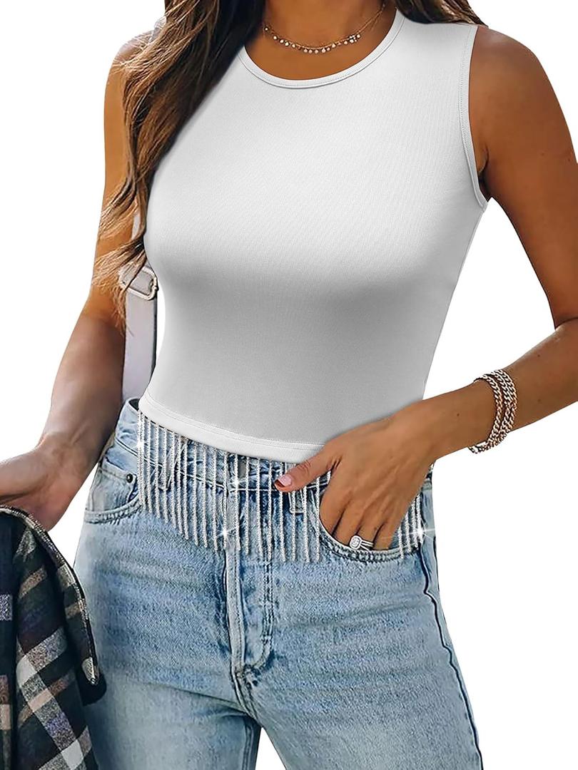 Womens Nashville Sparkly Rhinestone Fringe Sleeveless Tops Concert Raceback Ribbed Tank Tops with Glitter Tassel (Large, 2-white)