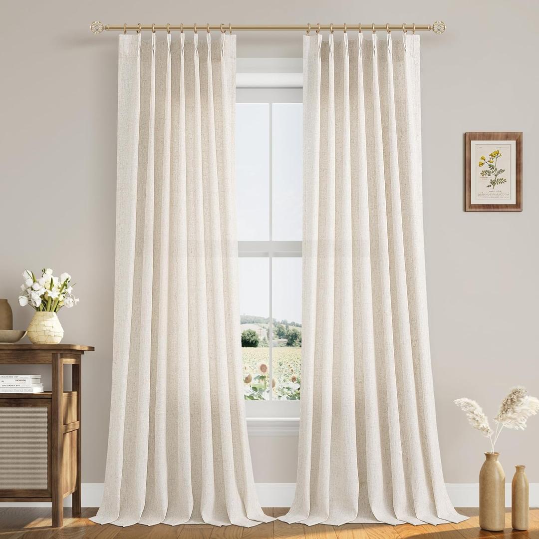 102 Inch Long Curtains Pinch Pleat Linen Curtains for Living Room 2 Panels Set Natural Cream Semi Sheer Light Filtering Boho Neutral 102 Inch Pleated Curtain with Hooks Floor Ceiling Bedroom Window (40"W x 102"L (Pack of 2), Natural Linen)