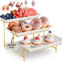 3 Tier Plastic Serving Tray for Party, 11.5" x 5.6" Platters for Serving Food, Microwave-Safe, White Reusable Trays with Black Metal Display Stand for Cupcakes, Dessert, Fruit, Cookie, Gold