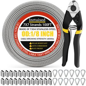Intrux 1/8" Stainless Steel Cable with Cutter, 100FT Wire Rope with Loop Sleeve and Thimble, 7x7 Strand Core Metal Wire for Garden, Deck Cable Railing Hardware Kit