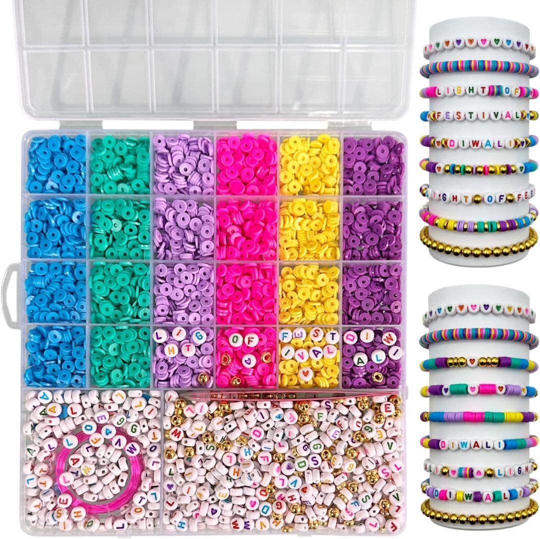 Jewelry Bracelest Making DIY Craft Clay Beads Kit - Assorted Beads and Alphabet - Festival of Lights Art Craft with Stretch Bead Cord - Indian Deepavali Clay Bead for Party Supplies Decor DIY Crafts