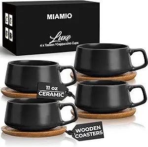 MIAMIO 11 Oz., Set of 4 Ceramic Tea Cup and Saucer Bamboo/Tea Mug - Wide Cappuccino Cup, Coffee Cups Ceramic Mug for Cappuccino, Latte, Espresso & Americano - Luxe Collection 