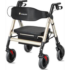 Rollator Walker with Seat,450Lb Rolling Walker, Extra-Wide Heavy-Duty Rollator Walker with Seat and Brakes for Seniors and Adults Bariatric with Large Aluminum (Champagne)
