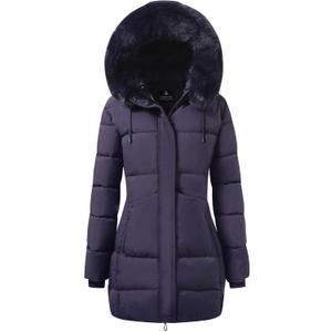 ASPO Women's Winter Warm Coats Waterproof Thick Fleece Lined Down Puffer Jacket 5 Pockets Long Parka Faux Fur Detachable Hood Purple S (Purple, S)