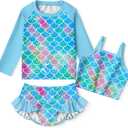 LQSZ Girls Rash Guard Sets Long Sleeves Swimsuit 3 Pieces Tankini Bathing Suit Swimwear for Girls 5-6 Years (Blue)