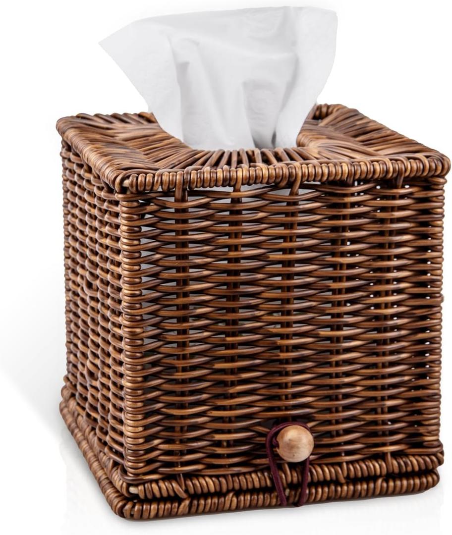 Rattan Tissue Box Cover Square Natural Woven Decorative Rectangle Tissue Box Holder Bathroom Napkins Roll Paper Face Towels Organizer on Table Rustic Boho Decorative 5.5 X 5.5 X 5.9in