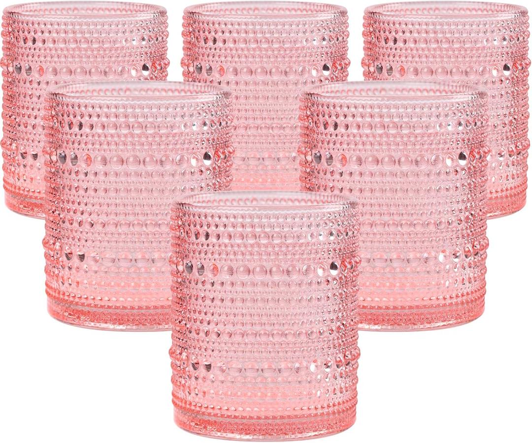 Pink Hobnail Drinking Glasses Set of 6, pink Beaded Highball Drinking Tumbler Glasses -pink colored water glasses Vintage Bubble Design Whiskey Glass,Old-Fashioned, Embossed Design glasses