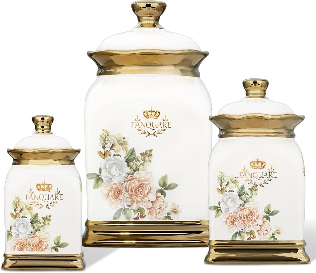 fanquare Floral Canisters with Gold Trim, Ceramic Decorative Countertop Jars, Farmhouse Porcelain Cookie Jar and Sugar Bowl Set with Airtight Lid