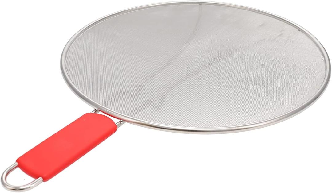Splatter Guard for Frying Pan & Food Strainer and Universal Cookware 13" - Stops Hot Oil Splash - RED Handle - Splatter Screen for Cooking - Alpha Living