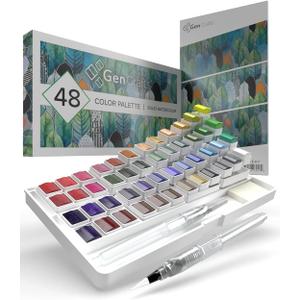 GenCrafts Watercolor Paint Palette 48 Premium Colors with Paper Pad - 2 Refillable Brush Pens - 15 Sheets of Water Color Paper