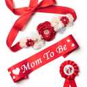 BumpPetal Flower Sash Set - Baby Shower Mom to Be Daddy to Be Corsage Pin - Flower Belt for Maternity Dress - Pregnancy Photo Props Supplies (Deep Red)