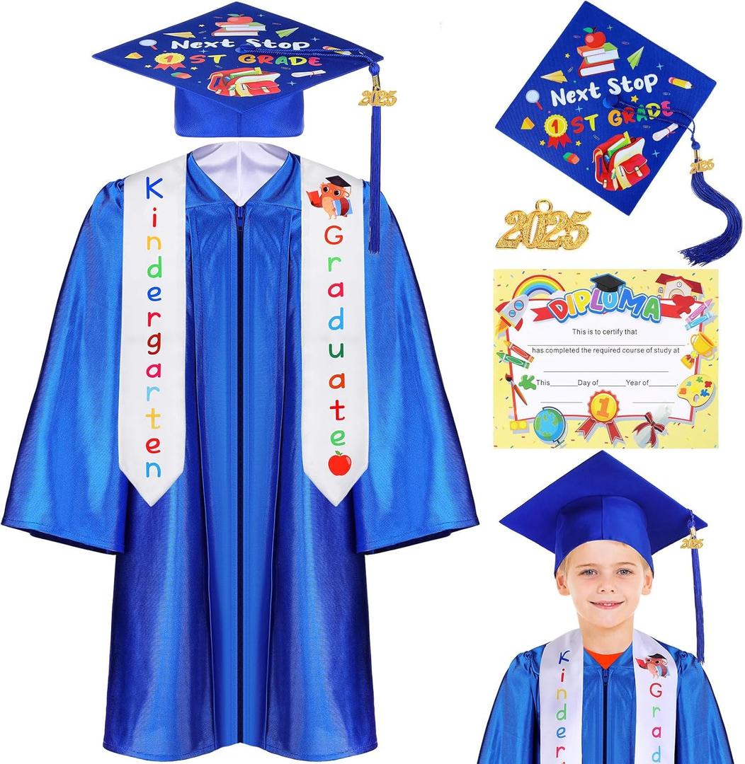 Retisee 7 Pieces 2025 Kindergarten and Preschool Graduation Cap Gown Stole Set with 2025 Tassel Diploma Grade Graduation (Size 30, Medium, Blue)