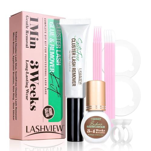 LASHVIEW Cluster Lash Glue & Remover Kit Super Strong Hold 4 Weeks+ Long-Lasting Glue, Waterproof Formula, Easy at-Home Removal,Includes DIY Lash Supplies
