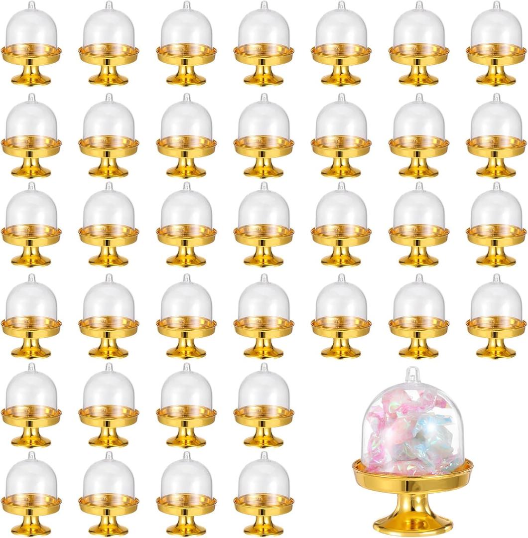 SHENLIU 36 Pack Plastic Mini Cake Stand with Dome Cover Chocolate Candy Cupcake Containers Dessert Display Plate with Clear Lid for Birthday Wedding Holiday Party Supplies (Gold)