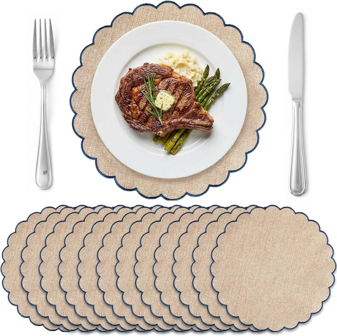 Set of 12 Blue Beige Cotton Placemats 15 Inch Round Scalloped Embroidery Placemats Washable Double Layered Rustic Table Mat Fabric Napkins for Wedding Table Decor