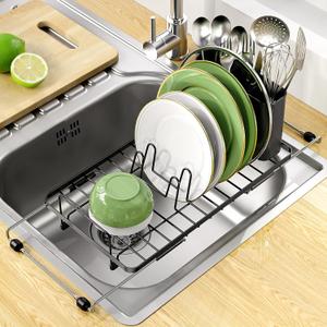 CosyPic Small Dish Drying Rack, Expandable Sink Dish Rack Over Sinks, Dish Drainer for Kitchen Counter with Cutlery Holder, Space-Saving for Small Kitchens, Black