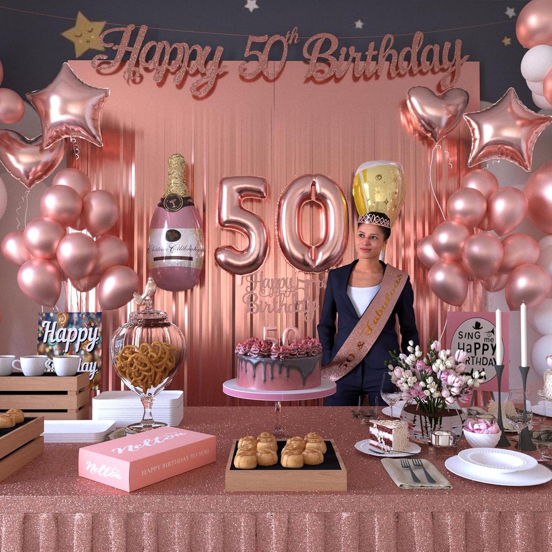 50th Birthday Decorations for Women  Rose Gold Party Kit with Tiara, Sash, Balloons, Banner, Cake Topper  Gift Set for Her Special Day