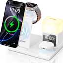 6 in 1 Wireless Charging Station with Clock & Night Light，Alarm Clocks for Bedrooms,Wireless Charger Stand with Beside Clock for iPhone 18/17/16/15/14/13/12 Pro Max, Apple Watch,Airpods (White)