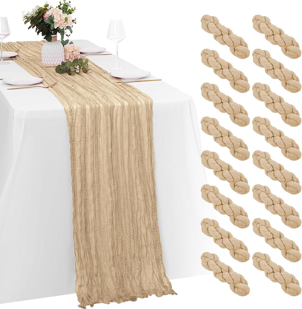 16 Pack Beige Cheesecloth Table Runners 20x120 Inch Gauze Table Runner Cheese Cloth 10FT Beige Table Runner Rustic Sheer Runner for Wedding Birthday Party Baby Shower Table Decor