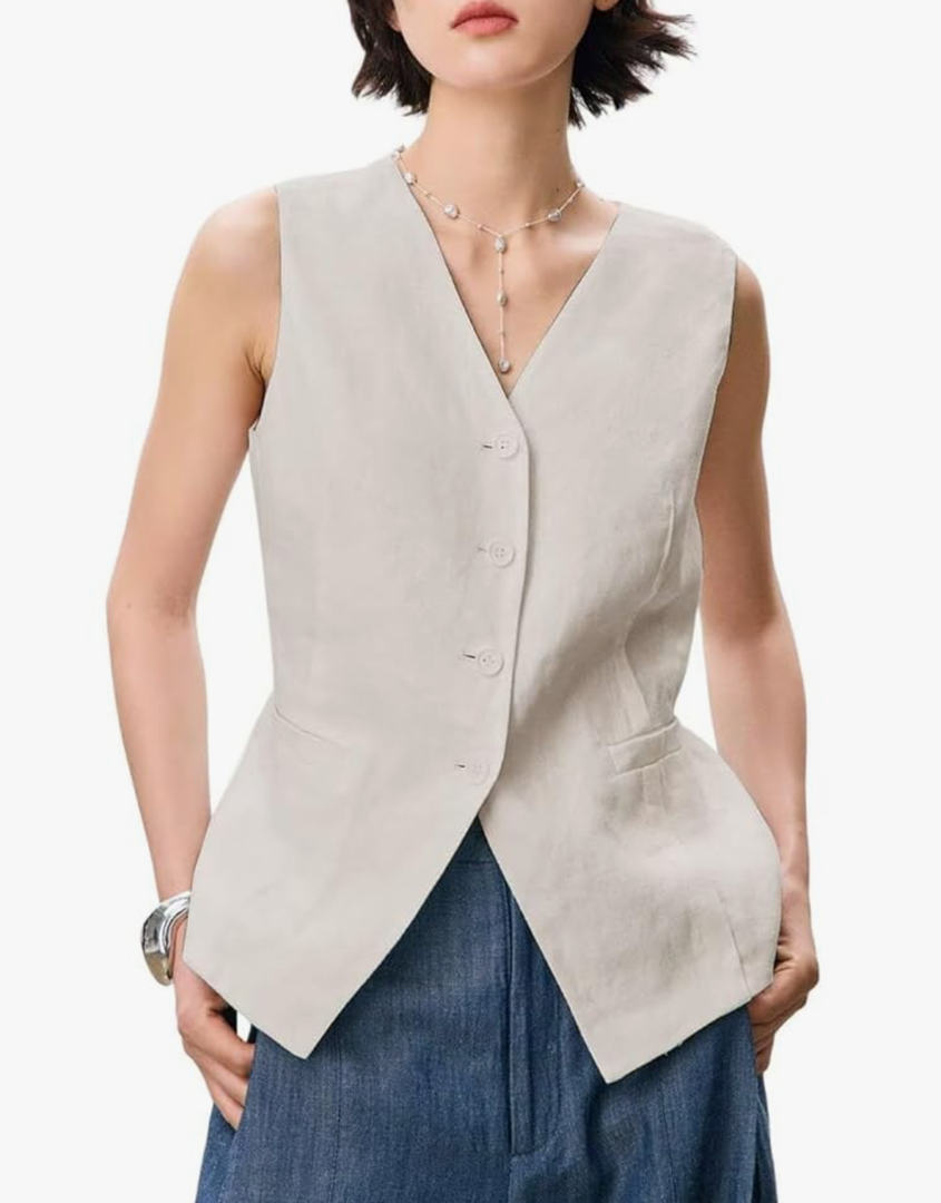 Women's Classic Linen Suit Vest Single Breasted Breathable Casual Sleeveless Waistcoat, Size M