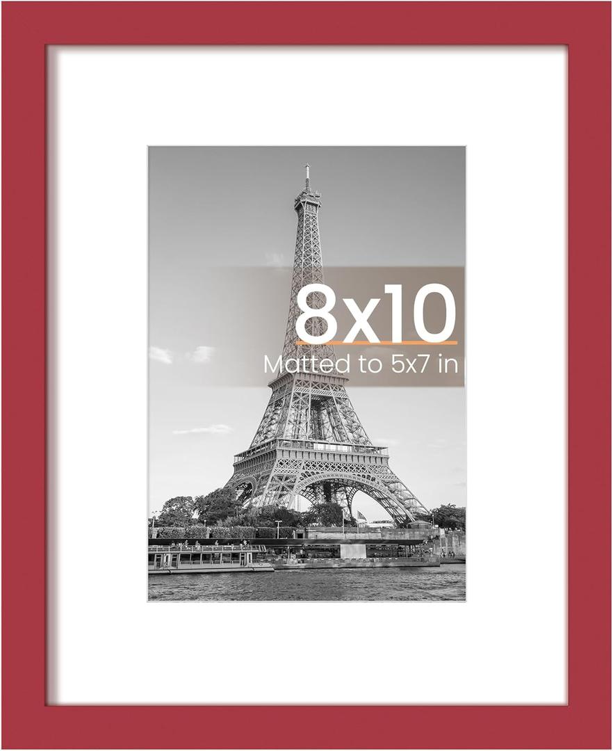 upsimples 8x10 Picture Frame, Display Pictures 5x7 with Mat or 8 x 10 Without, Wall Hanging Photo Frames, Red, 1 Pack