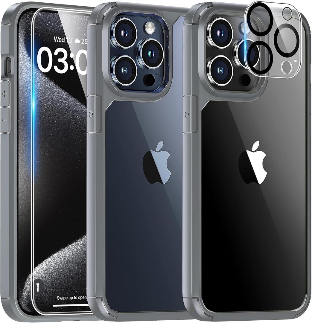 TAURI 5 in 1 Designed for iPhone 15 Pro Case Titanium, [Not-Yellowing] with 2X Screen Protector + 2X Camera Lens Protector, [Military Grade Drop Protection] Shockproof Slim Case for iPhone 15 Pro