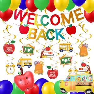 Back to School Decorations Glitter Welcome Back Banner Back to School Hanging Swirls School Bus and Apple Balloon for Back To School Decorations First Day of School Decorations