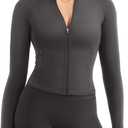 YEOREO Women Full Zip Workout Jacket with Pockets Thumb Hole Long Sleeve Athletic Cropped Jackets Gym Yoga Top (X-Small, Deep Gray)