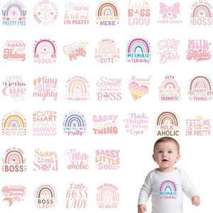 Baby Shower Iron on Transfers - 36Pcs Pink DTF Transfers Ready to Press, Baby Girls Iron on Decals Patches Bodysuit, Vinyl Stickers for Baby Onesie Bibs Decorating Kit Gender Reveal Party