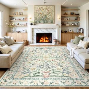 Wonnitar Large Living Room Rug, Floral 10 x 14 Machine Washable Area Rugs, Soft Boho Ultra-Thin Non-Shedding Indoor Aesthetic Carpet for Bedroom Dining Room Office (Beige)