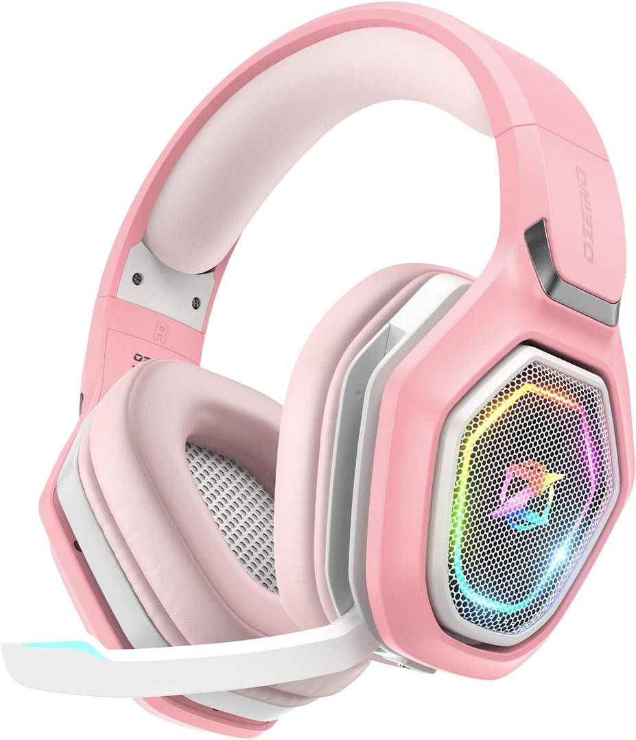 Ozeino 2.4GHz Wireless Gaming Headset with Microphone, 2.4G USB & Type C Transmitter - 30h Battery Life - RGB Lighting Gaming Headphones for PS5, PS4, PC, Phone (Pink)