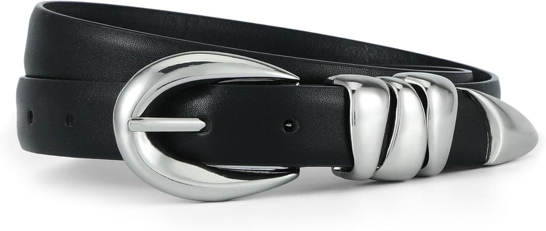 HOTWILL Women Skinny Belt for Jeans Dress Pants Ladies Fashion Faux Leather Waist Belt with Gold Buckle (Medium: 29"-32" (Pant 8-10), Black_silver Buckle)