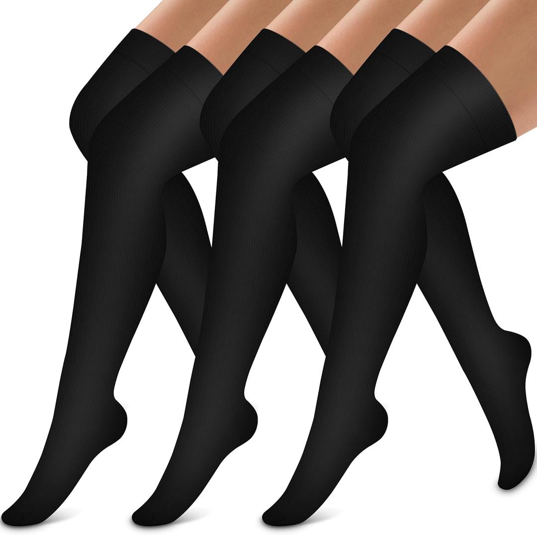 Bluemaple Thigh High Compression Socks for Women and Men Circulation(3 Pairs) Over the Knee-Best Support for Running,Travel (Large-X-Large, Black)