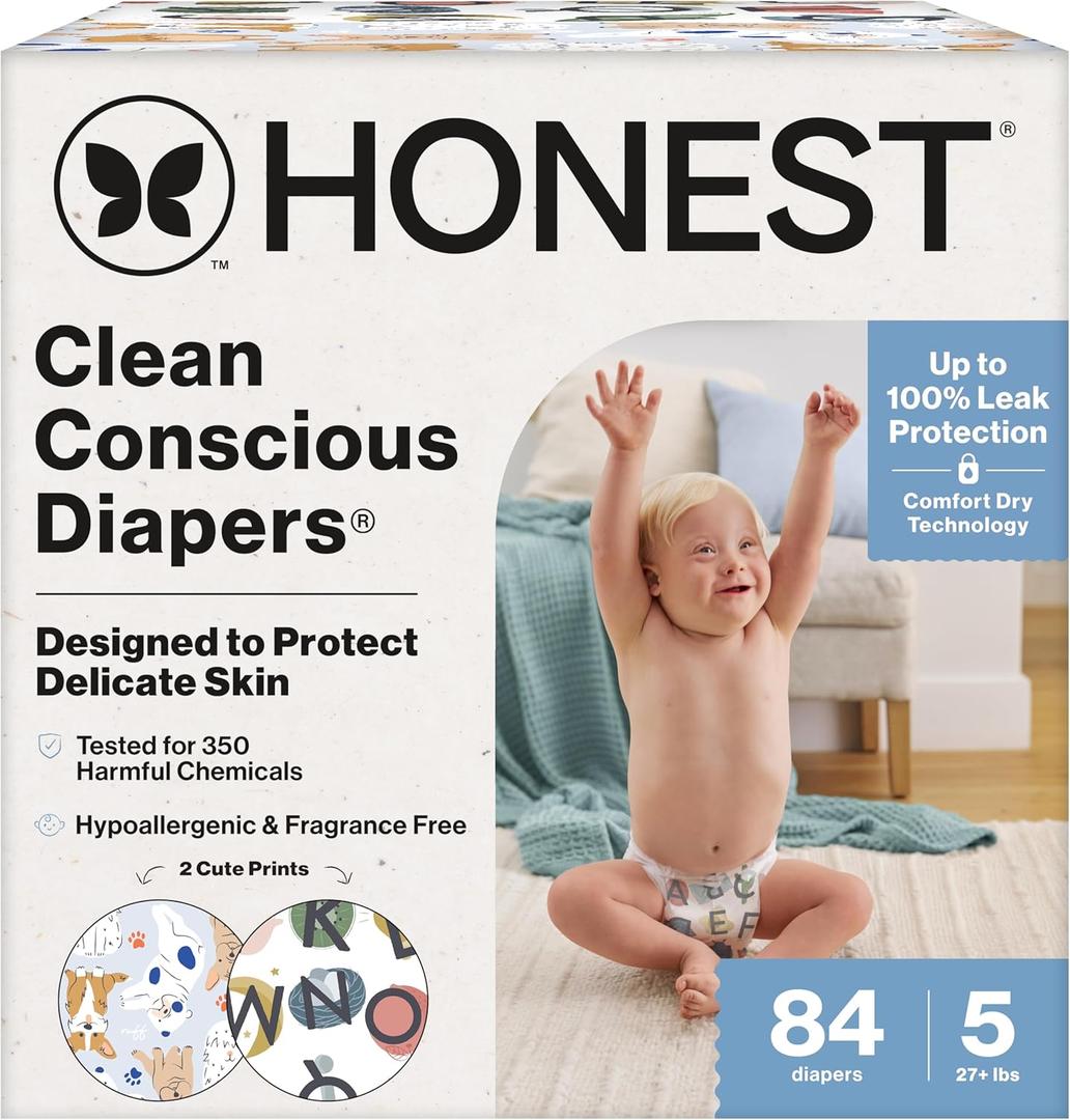 The Honest Company Comfort Dry Disposable Daytime Diapers for Sensitive Skin, Hypoallergenic, All The Letters + It's a Pawty, Super Club Box, Size 5 (27 lbs), 84 Count