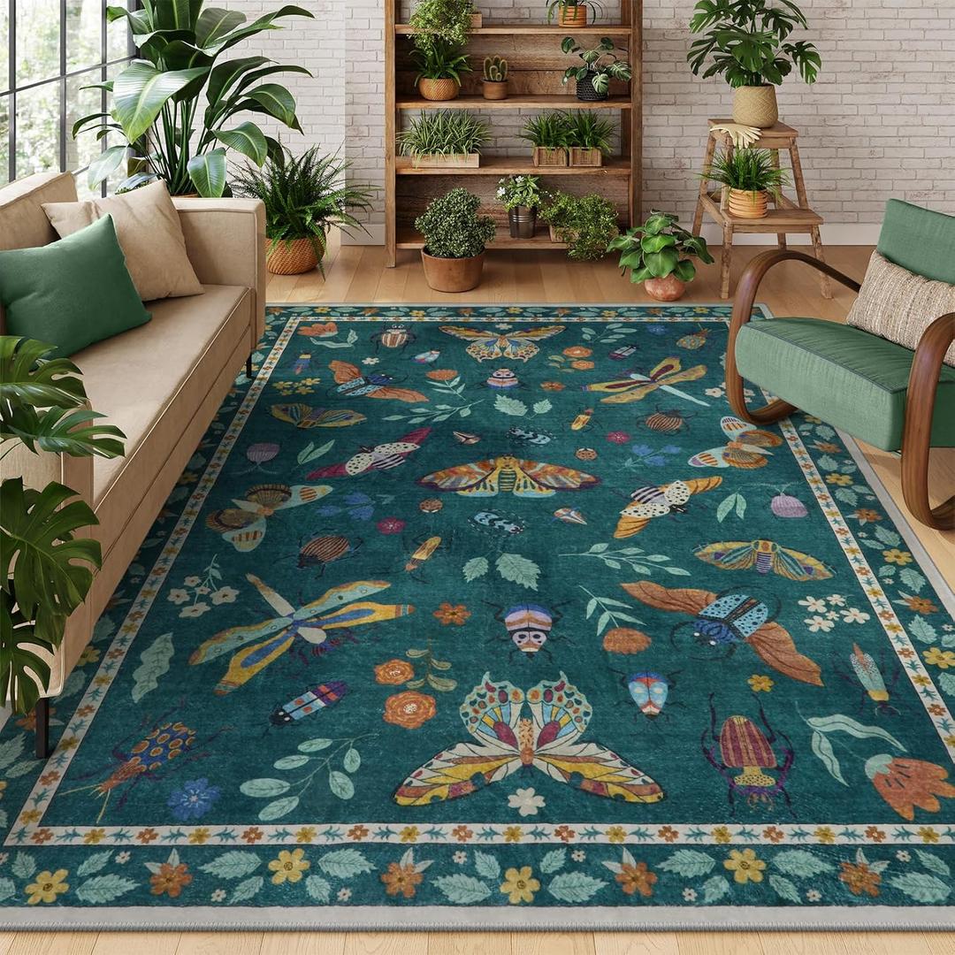 Lahome Insect Print 5x7 Area Rugs for Living Room, Soft Washable Rugs for Bedroom Ultra-Thin Non Slip Modern Rug, Stain Resistant Throw Rug Carpet for Office Nursery Dining Room(5'x7',Dark Green)