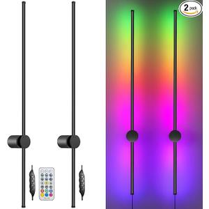 RGB LED Wall Sconces Set of Two with Remote, 15 Color Modes, Dimming, DIY 180° Rotate, Black Plug in Wall Sconces with Warm Light, Dynamic Multicolor Ambience Lights, Plug in Wall Light, 39.4 Inches